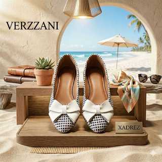 Sapatilha VERZZANI feminina moda bico fino Xadrez laço branco sapato calçados rasteira confortável
