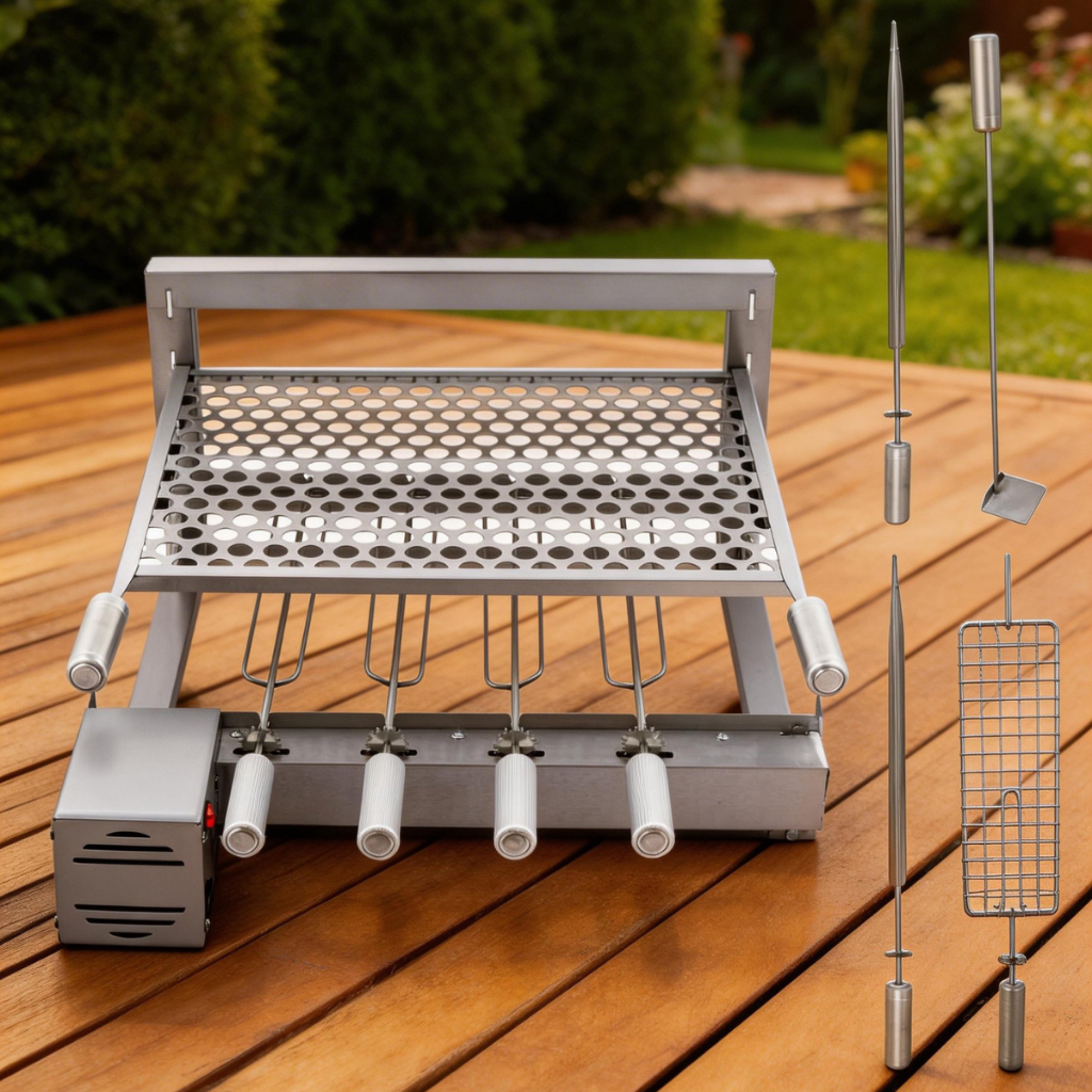 Gira Grill Grelha Flutuante Para Apartamento Inox 60cm Bivolt 4 Espetos Giratórios Grelha Moeda