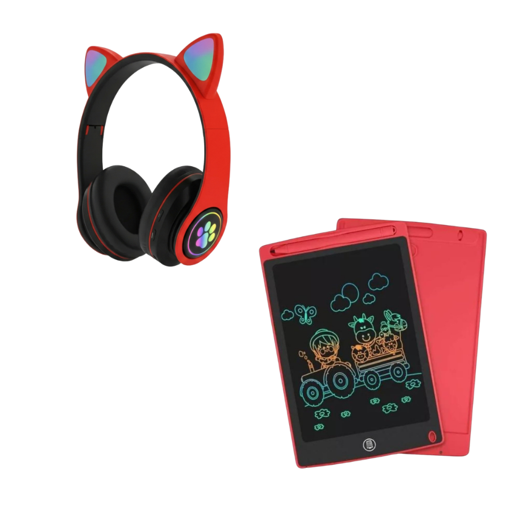 Kit Infantil Fone Gatinho LED Com Luz + Lousa Mágica Digital Tablet LCD Desenho Criança Presente Educativo