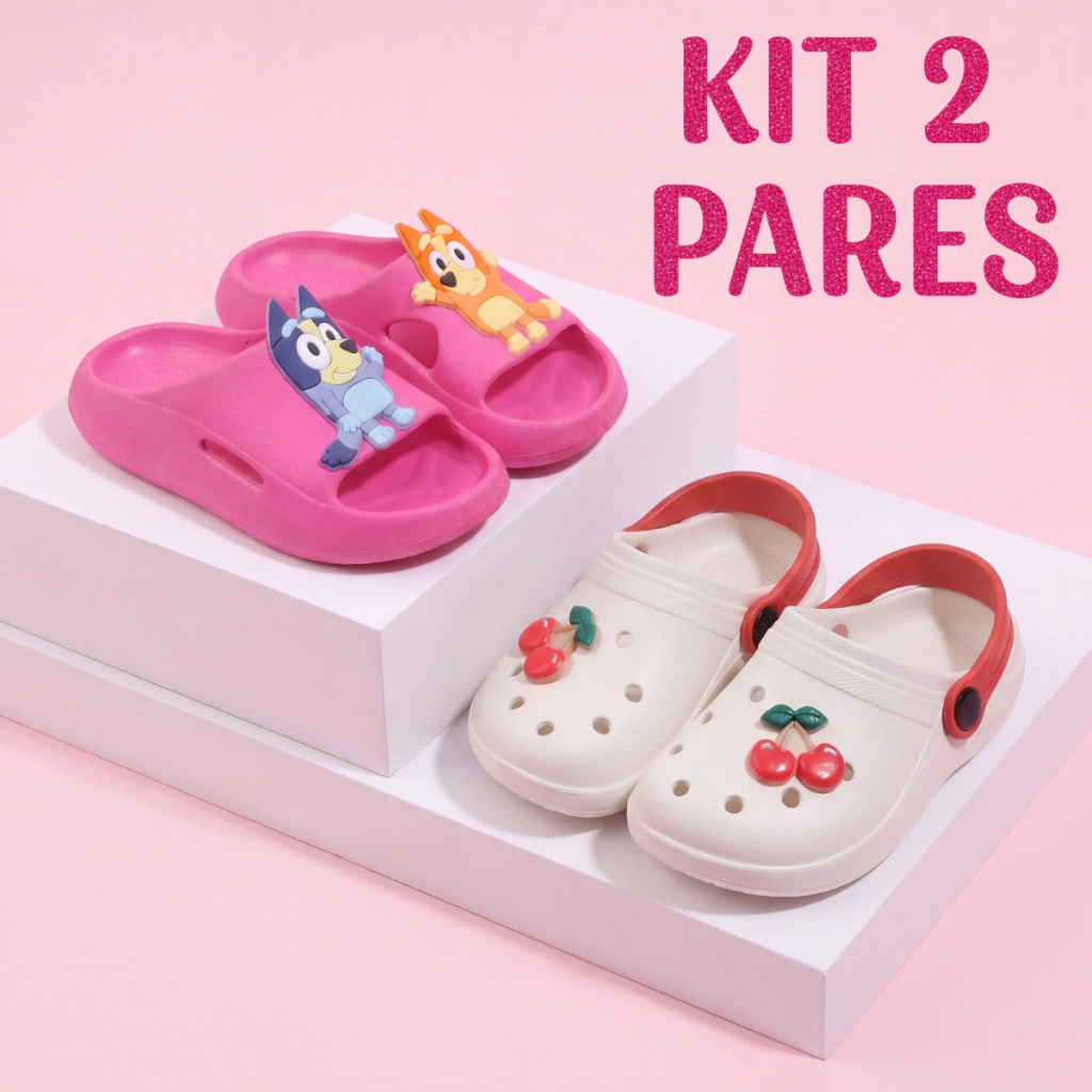 Kit 2 Pares Chinelo Infantil e Sandália Menina Divertida Delicada Antiderrapante