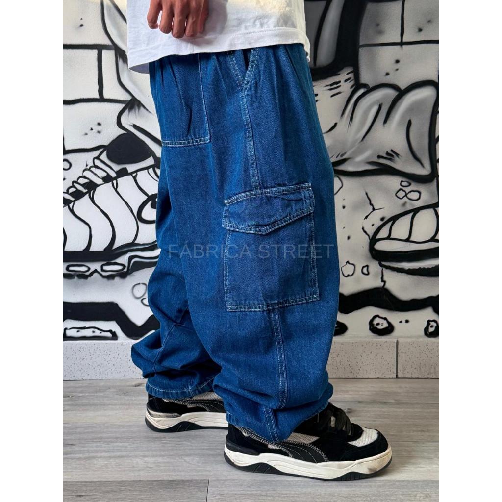 CALÇA CARGO AZUL ESCURO, CALÇA JEANS, CALÇA LARGA, CALÇA BAGGY