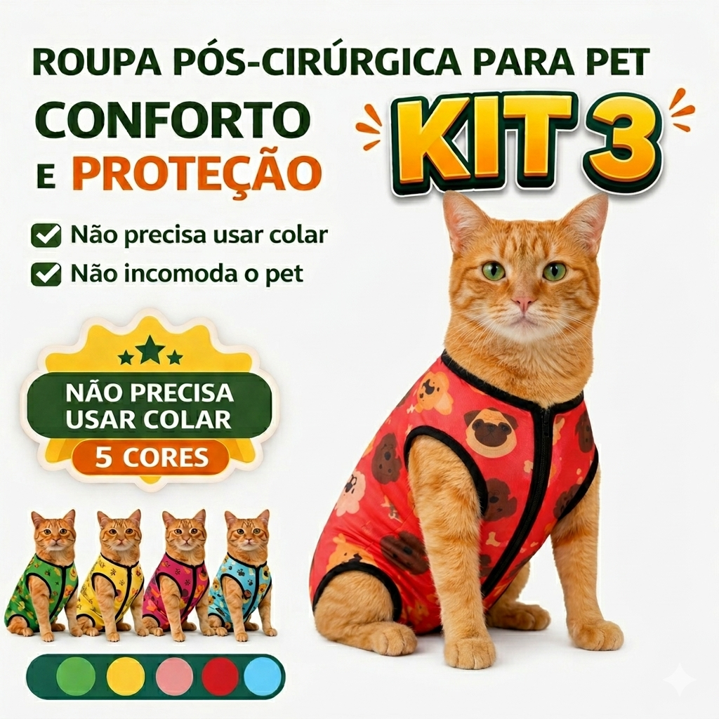 Kit 3 Roupa Pós Cirúrgica Castração Gato Roupa Protetora Anti Lambedura Sem Colar Confortável Recuperação Pet 5 Cores