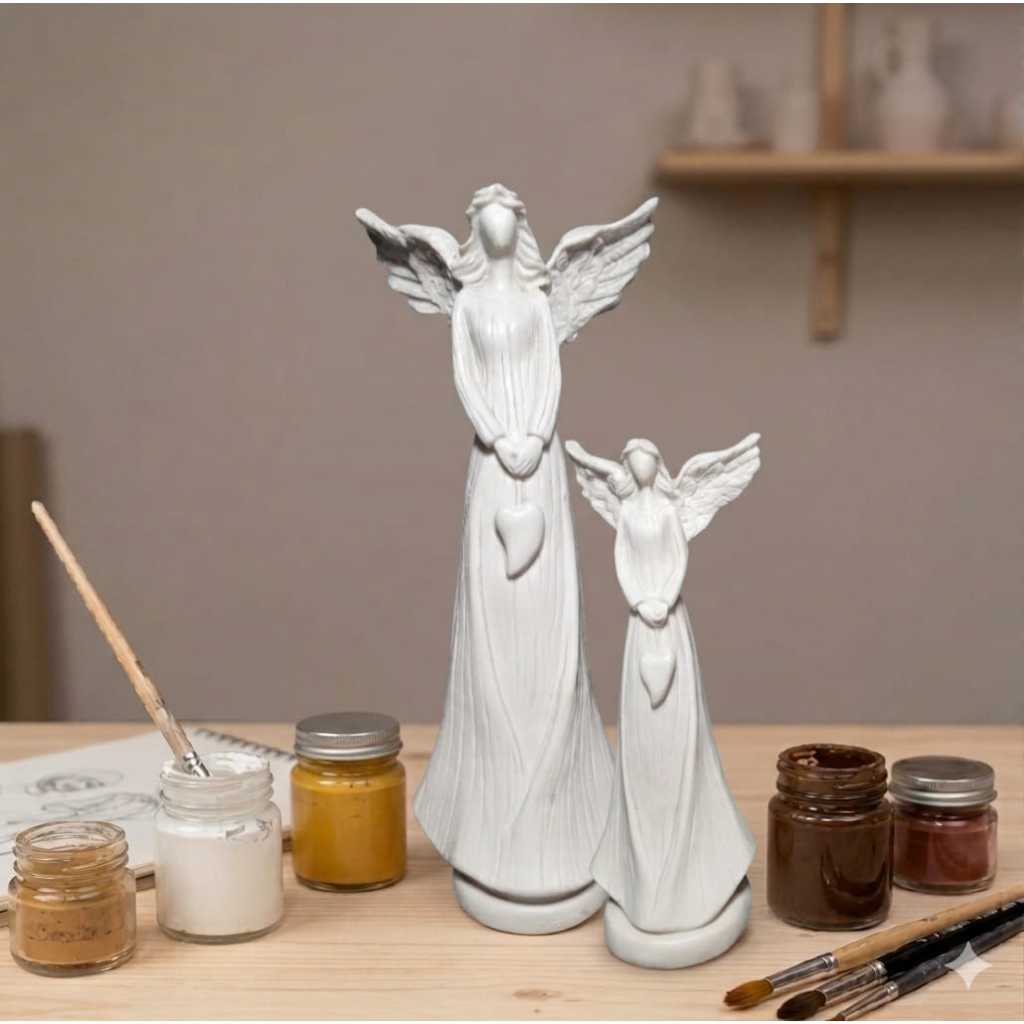 Kit 2 Anjos da Guarda em Resina Crua (15cm e 21cm) – Imagens Religiosas para Pintura, Artesanato e Decoração