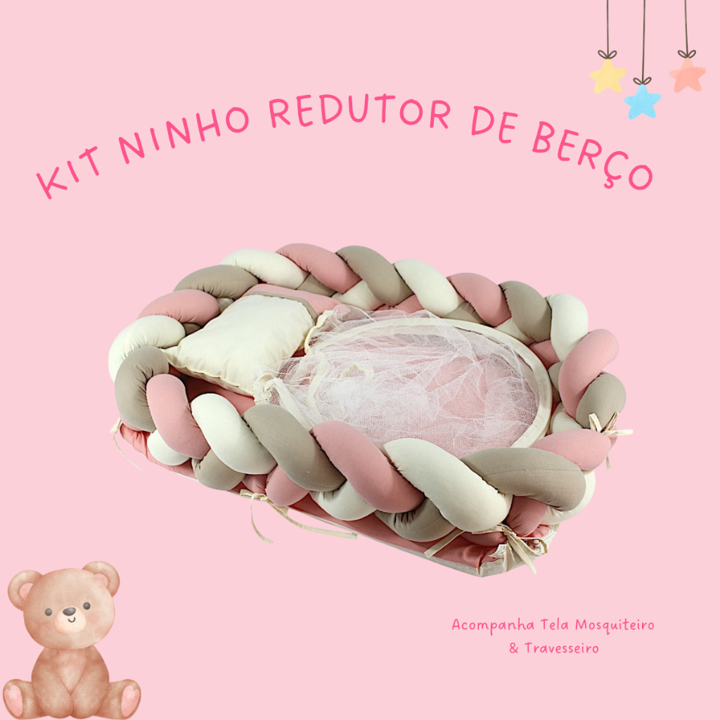 Ninho Rosê Redutor de Berço Bebê Trançado com Mosquiteiro + Travesseiro 100% Algodão RN Reborn