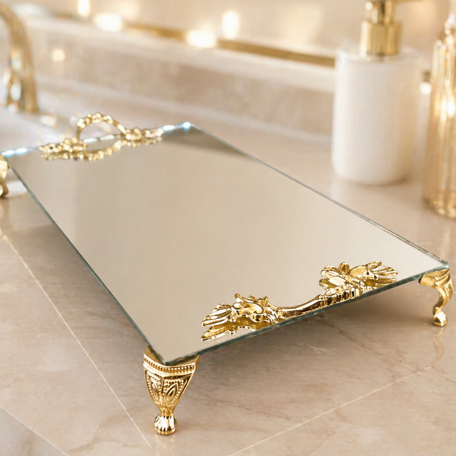 Bandeja Espelhada 23x12cm Decorativa Porta Perfume Maquiagem Lavabo Decoração com Pés Rose, Dourado ou Prata Luxo
