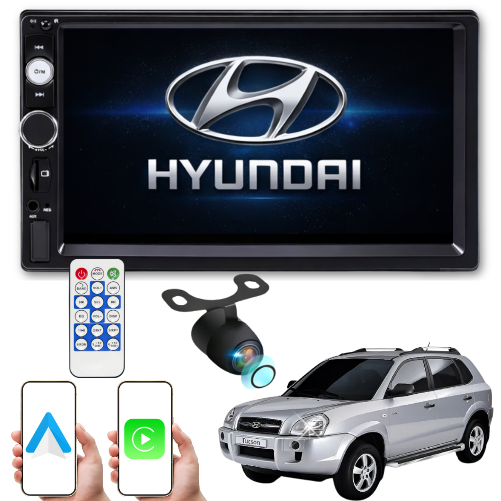 Central Multimídia 2 Din 7" TUCSON 2007 a 2017 MP5 com Espelhamento CarPlay e AndroidAuto + Câmera de Ré