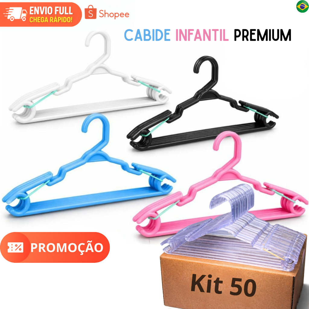 Kits até 100 Cabides Infantil baby Reforçado 30 cm, cores Azul, Rosa, Preto, Branco
