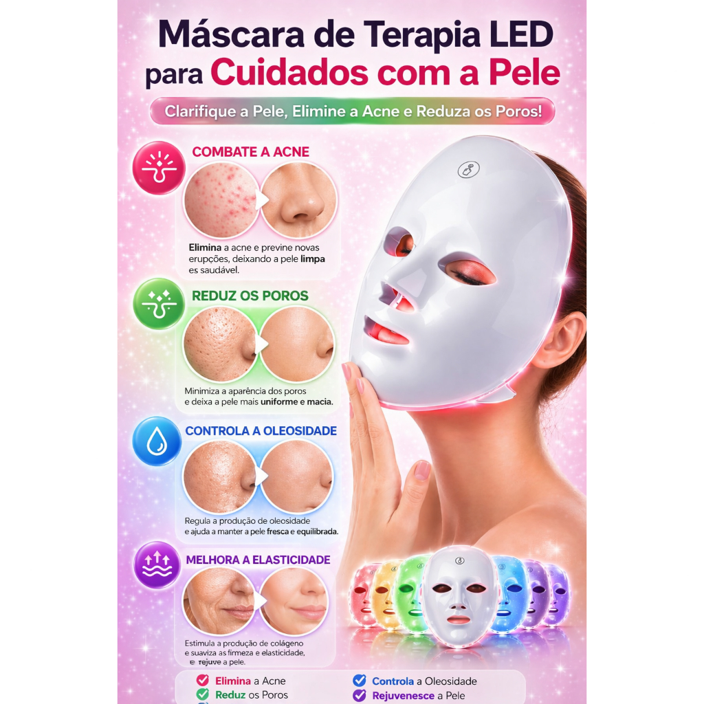 Máscara Facial Dorama LED Cores Recarregável Fototerapia Profissional Manchas rejuvelhecimento