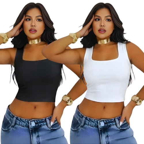 Kit 2 Croppeds Decote Quadrado Feminino Suplex Lisa Elegante Tendência Verão Blogueira Fashion