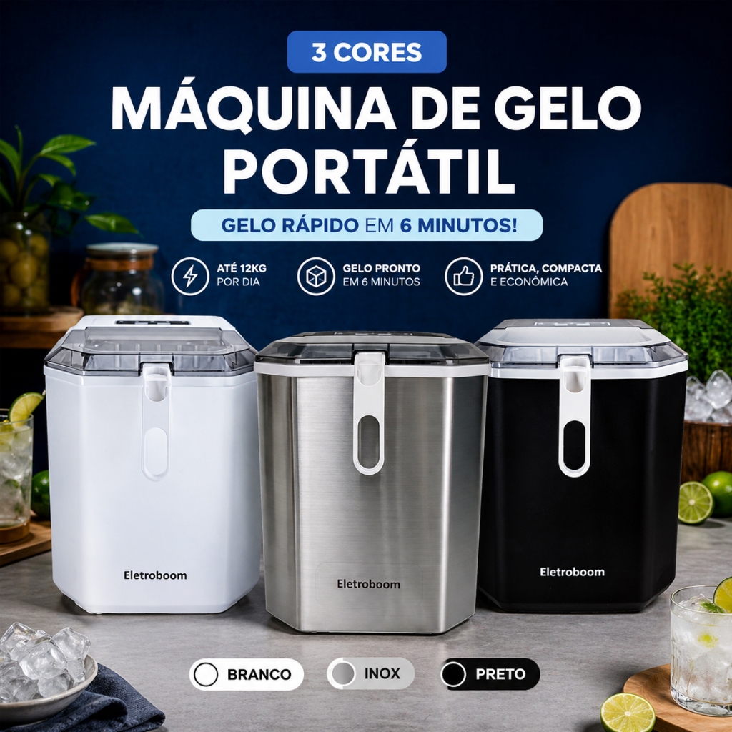Máquina de Gelo Portátil 12kg/dia 220V e 127V | Gelo Rápido 6 Minutos Econômica - Eletroboom