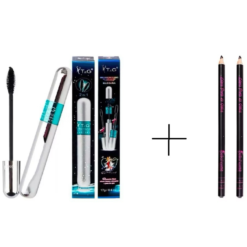 Kit Mascara para cílios T&G Tango RIMEL 4D cor preto volume Original  + Dois Lapis de olho com apontador Preto