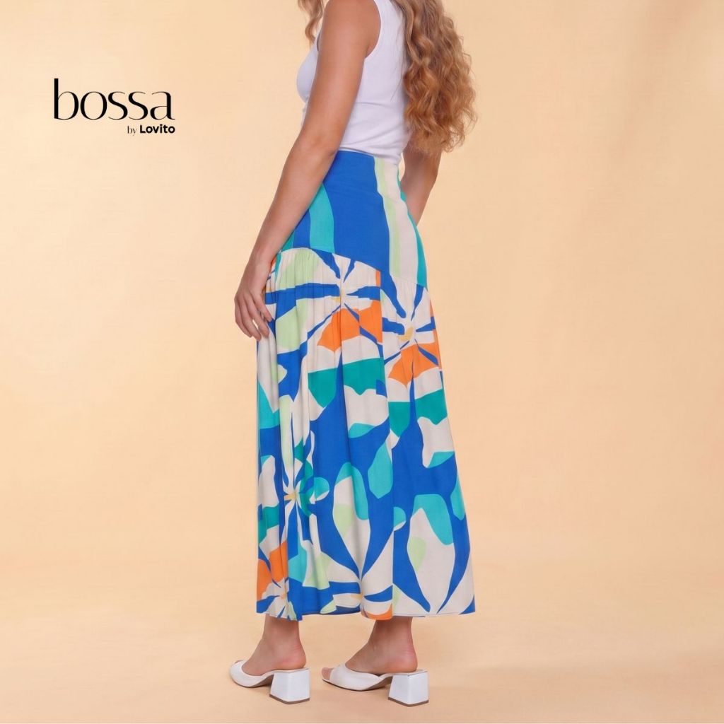 Lovito Bossa l Saia Midi Feminina em Viscose com Pala Assimétrica Estampada SKB16831713