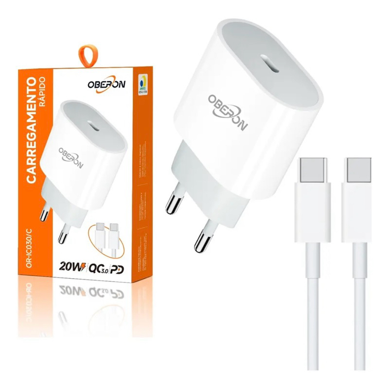 Carregador Fonte De Tomada USB-C 20W C/ Cabo Removível Tipo C X Tipo C - OBERON