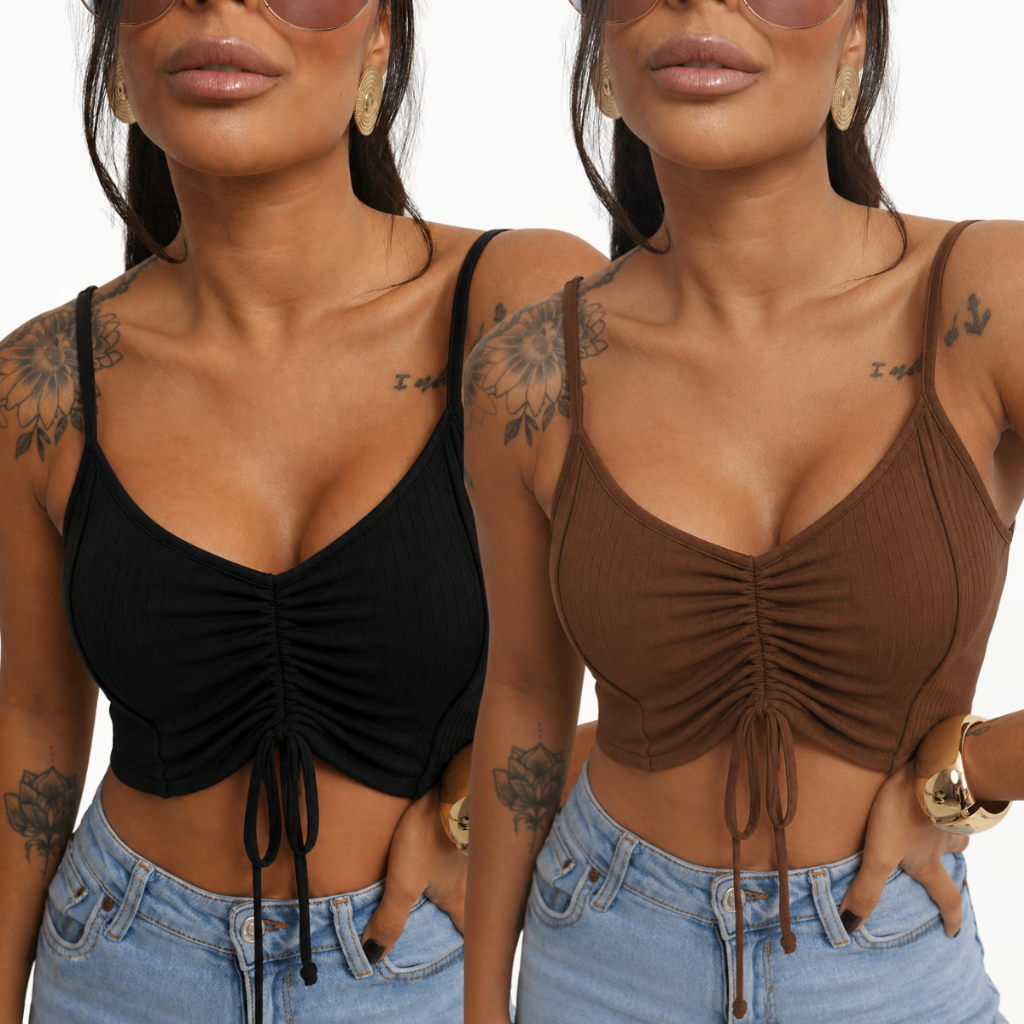 Kit 2 Cropped Alça Canelado Blogueira Verão Modelo Feminino Top Blusa Blusinha Moda Gringa