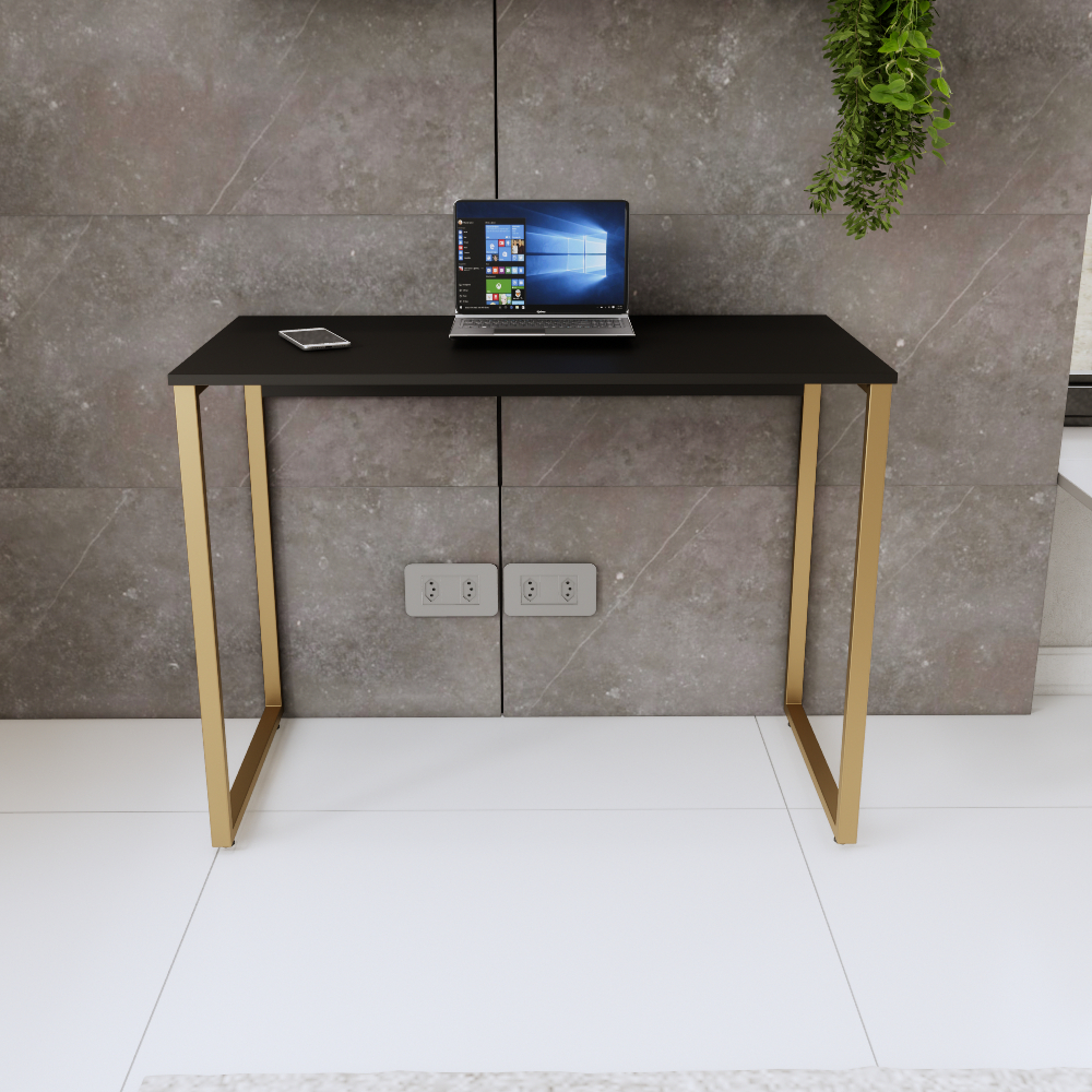 Mesa Escrivaninha Escritório 100 cm Home Industrial Metal Dourado Escrivaninha Quarto MDF Preto