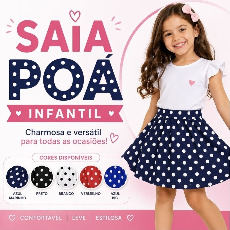 Saia Infantil Poá Bolinhas Retrô Vintage Anos 60 70 80 Godê Rodada Festa Temática Menina Suplex Cintura Alta Moda Social