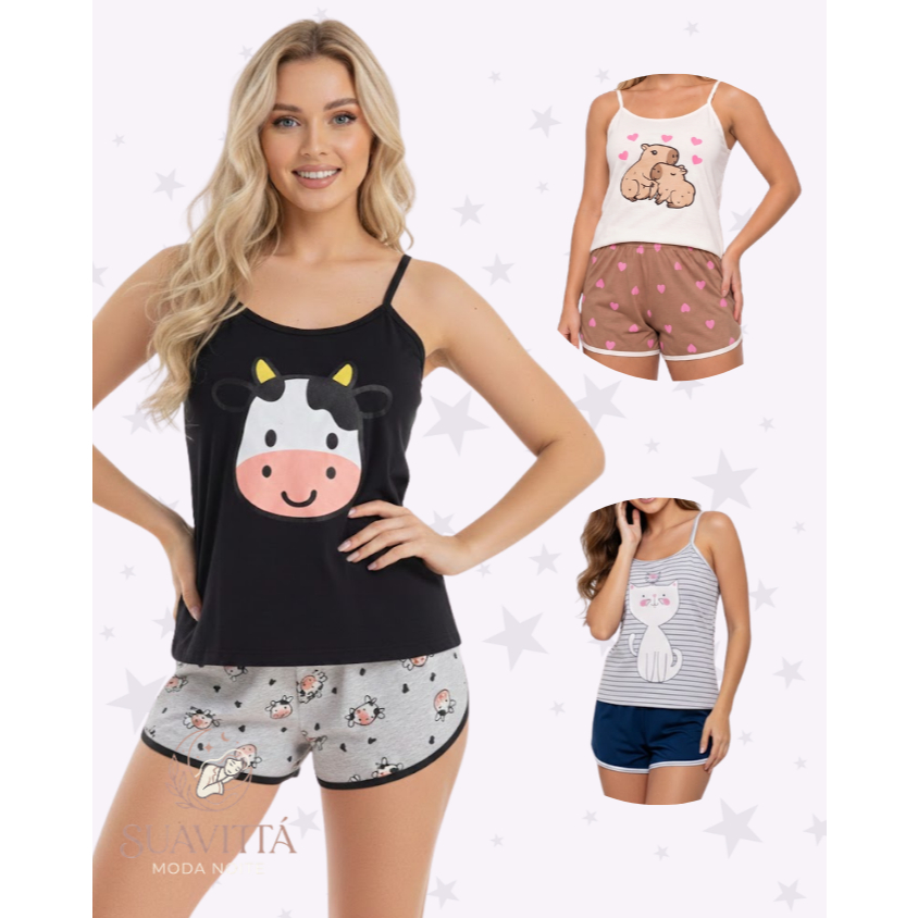 Kit Combo 2 Pijama Baby Doll Conjunto Feminino Bichinhos Malha Leve Confortável Promoção