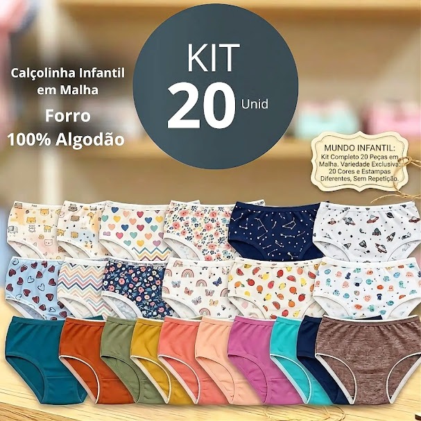 Kit 20 Calcinha Infantil Calçolinha em Malha Forro 100% Algodão Menina Com Estampas e Cores Lisas