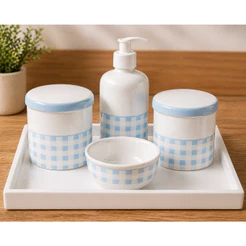 Kit Bebe Porcelana Higiene Maternidade Xadrez Azul Delicado