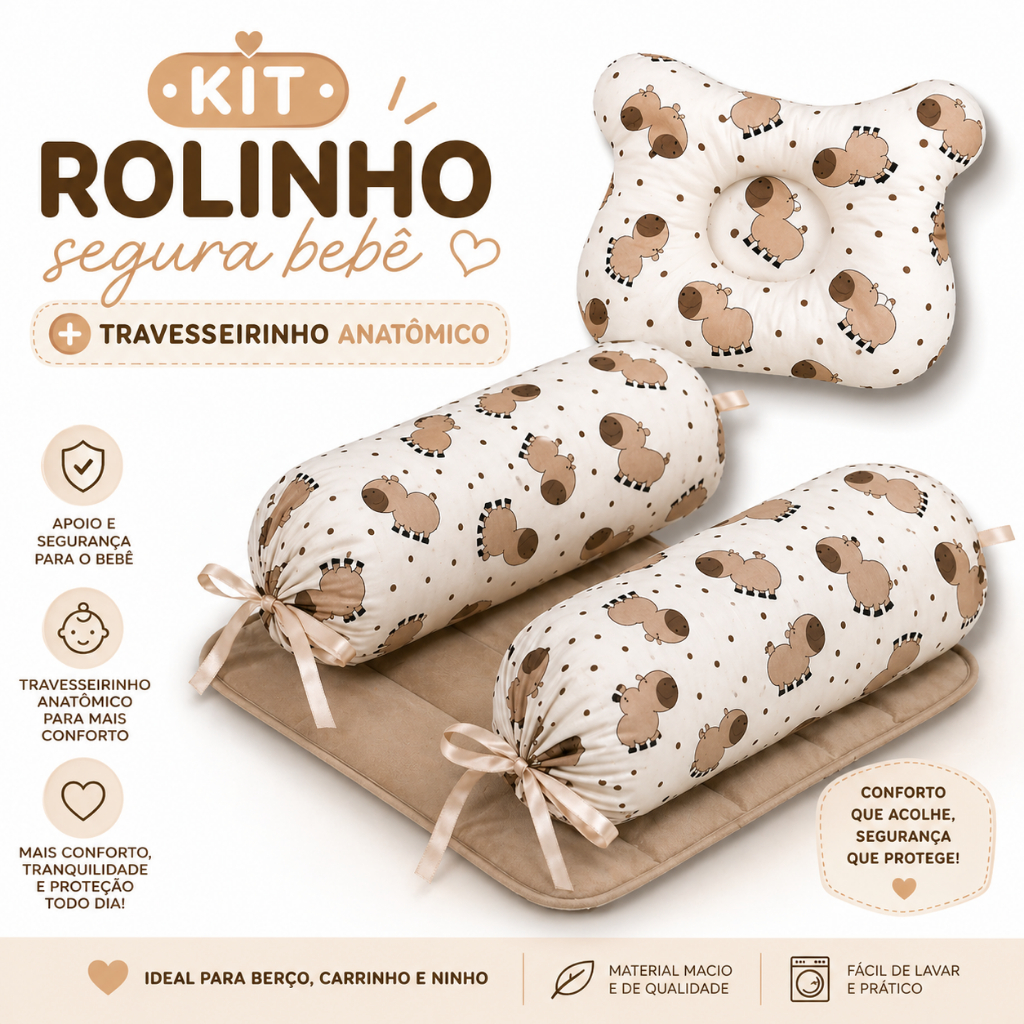 Kit Segura Bebê Rolinho + Travesseiro Anatômico Conforto e Segurança Recém Nascido Estampas Premium