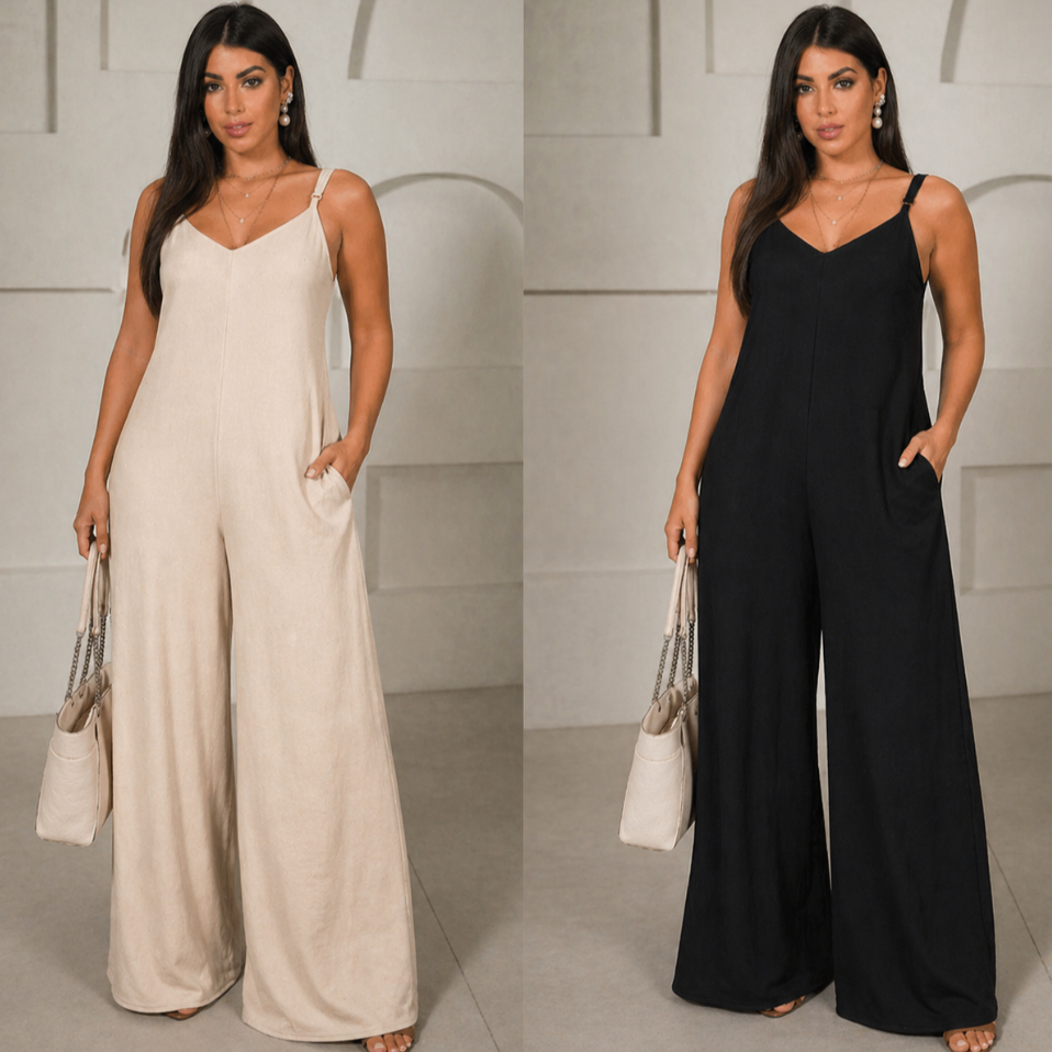 Macacão Feminino Largo Pantalona Alcinha Regulável Slim e Plus Size Decote V Tecido Duna Elegante Moda Outono Inverno