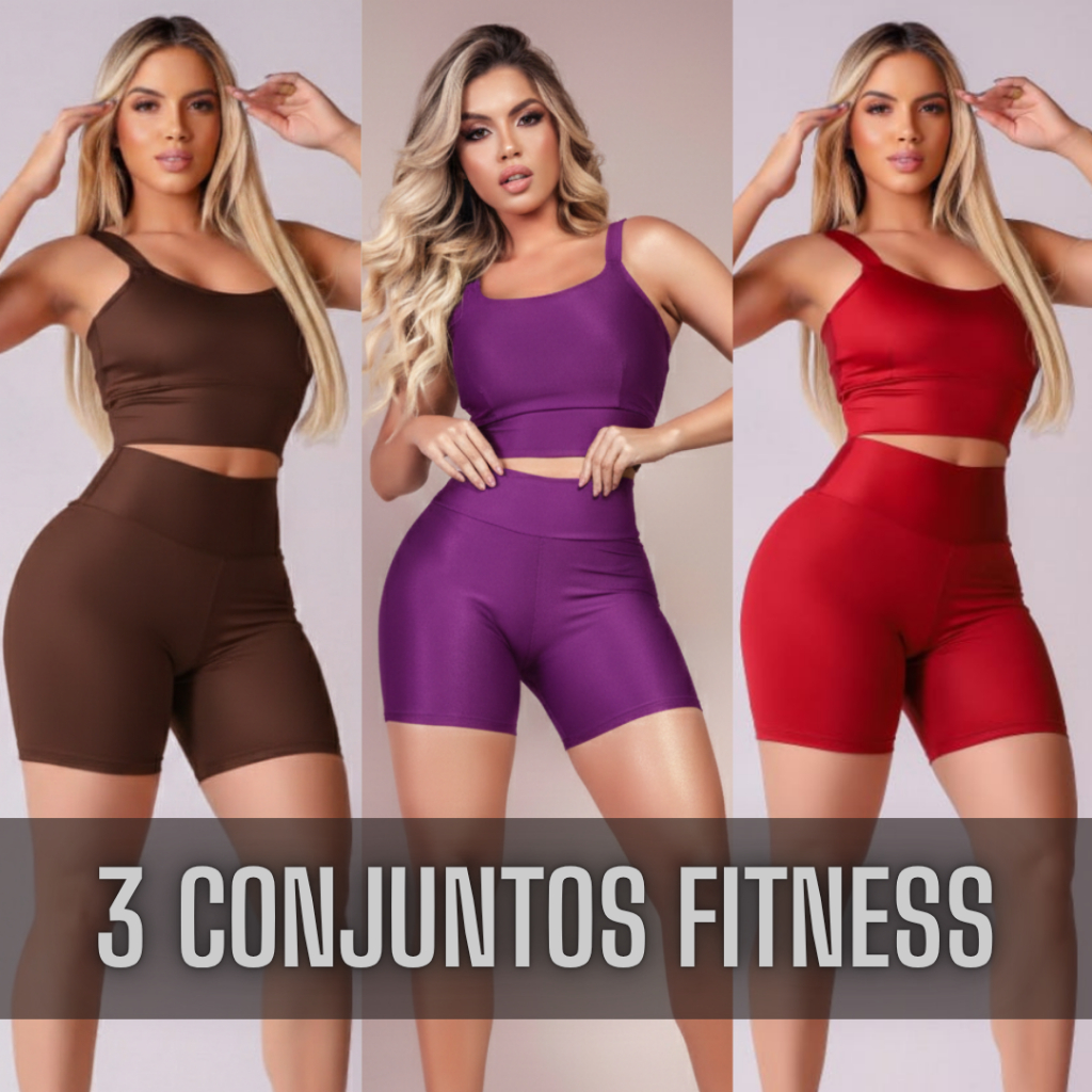 Kit 3 Conjuntos Fitness Feminino Sem Transparência Academia Treino Musculação