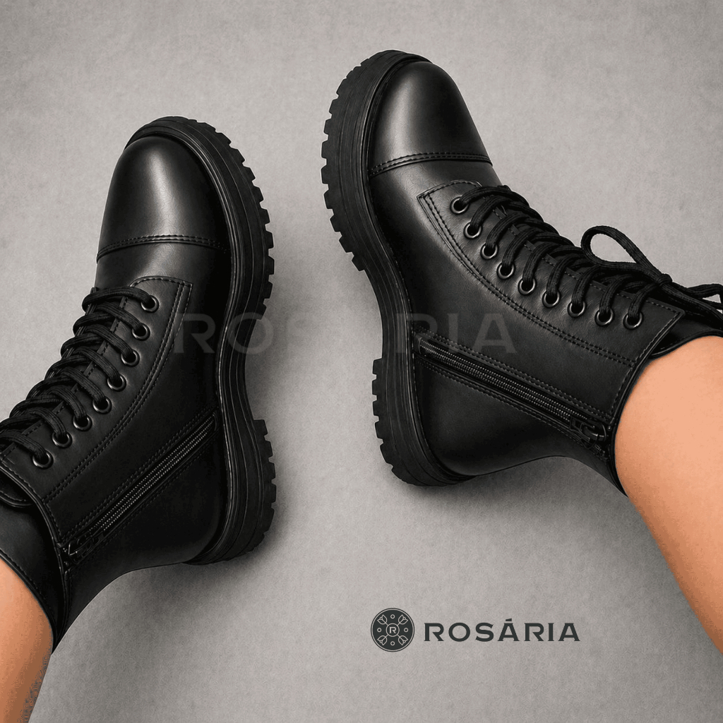 Bota Coturno Feminino Tratorada Com Ziper Blogueira Cano Curto Confortável