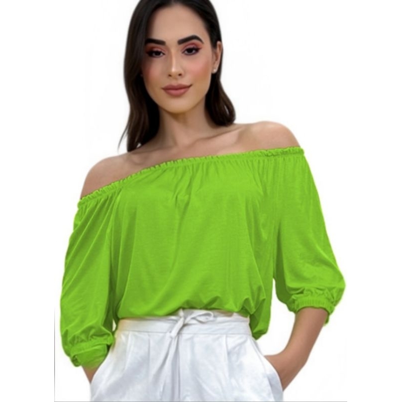 ​Blusa Ombro a Ombro Verde Lima​ Ciganinha com Elástico