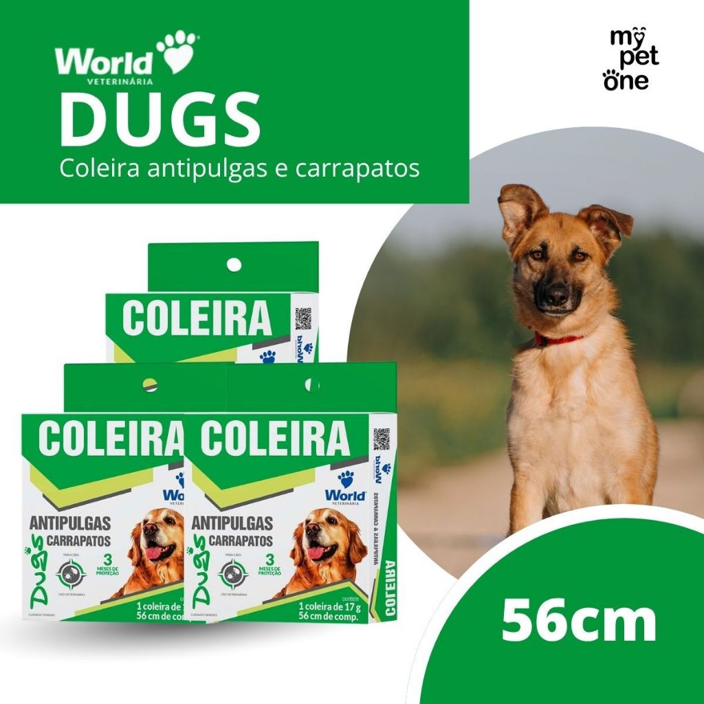 Kit 3 Coleira World Veterinária Dugs 17g Antipulgas para Cães - 56cm