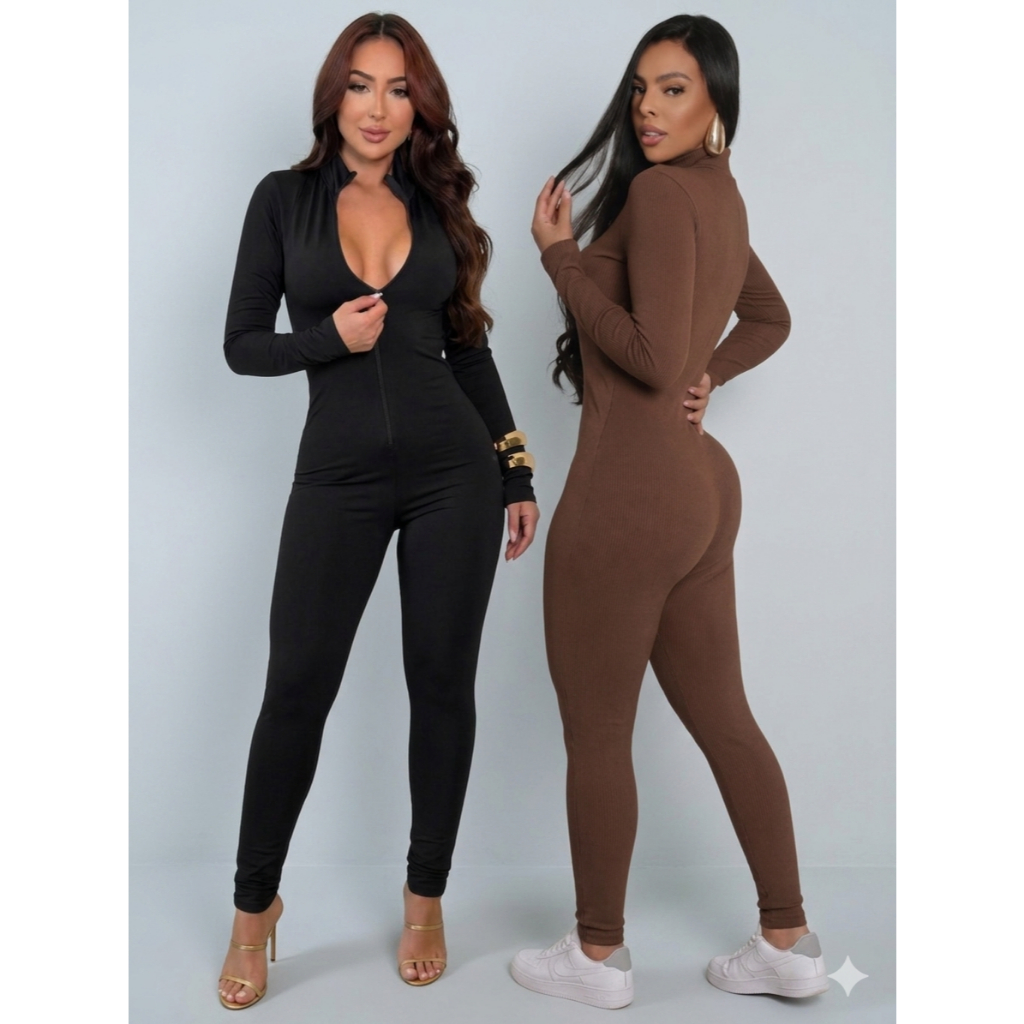 Macacão Feminino Virginia  Manga Longa Calça Canelado Moda Gringa Ziper Frontal Premium