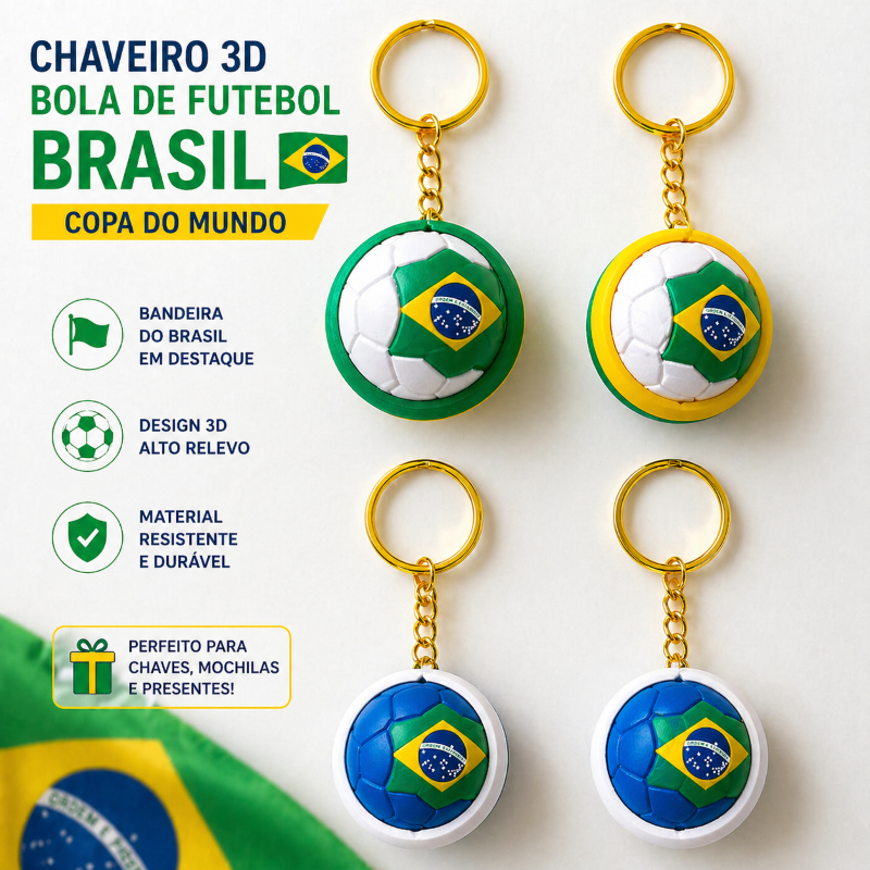 Chaveiro Bola de Futebol 3D Brasil Copa do Mundo Seleção Brasileira Lembrancinha Adulto e Infantil
