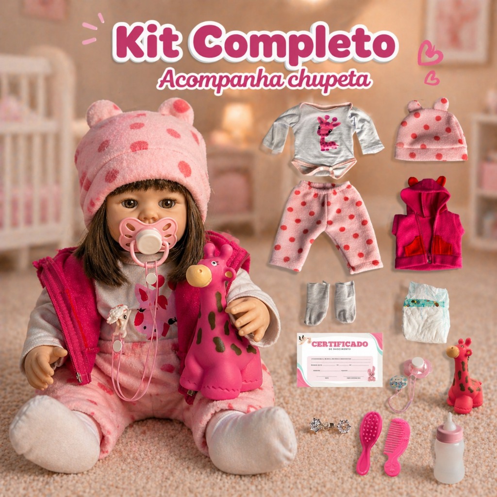 Boneca Bebe Reborn Realista Silicone Liz Girafinha Enxoval Completo