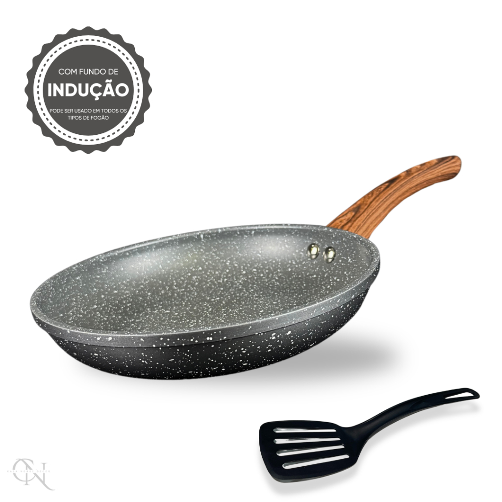 Frigideira 20 cm Indução Antiaderente Cerâmica Não Gruda Frita Sem Oleo Espátula Nylon Cinza Granito