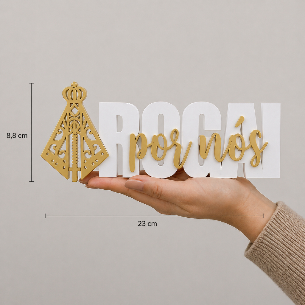 Letreiro Rogai Por Nós Nossa Senhora Aparecida 23cm GRANDE Decorativo Religioso Dourado Luxo Decoração Católica Moderna