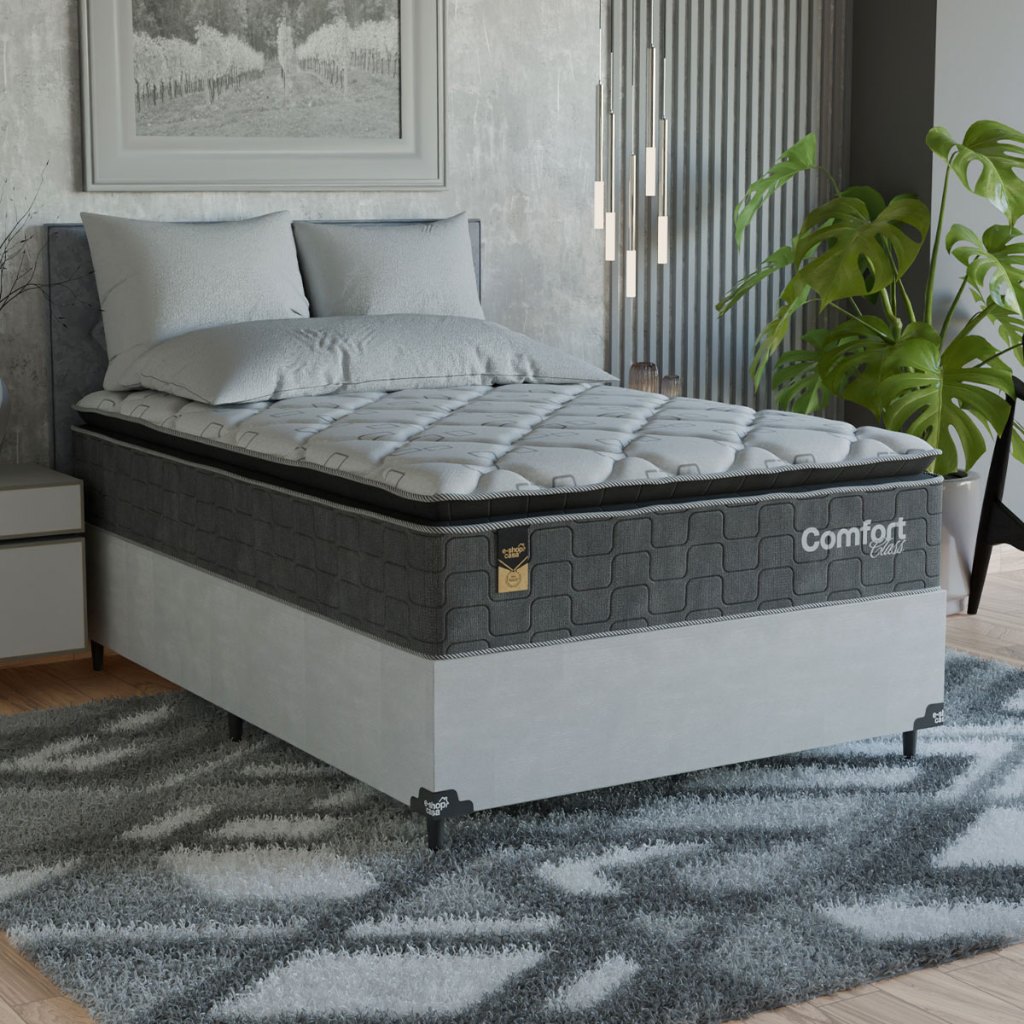 Cama Box Viúva + Colchão Comfort Class Pillow Top 128x188 Cinza/suede Branco