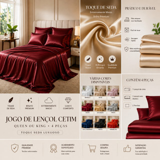 Jogo de Cama 4 Peças Cetim Nobre Charmouse Casal Queen King Lençol Com Elástico e Forro de cobrir