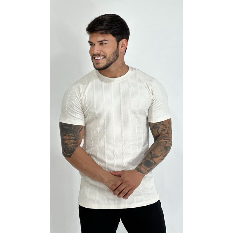 Camisa Masculina Texturizada Canelada Premium Slim Fit Manga Curta Casual Elegante Confortável Moda Masculina
