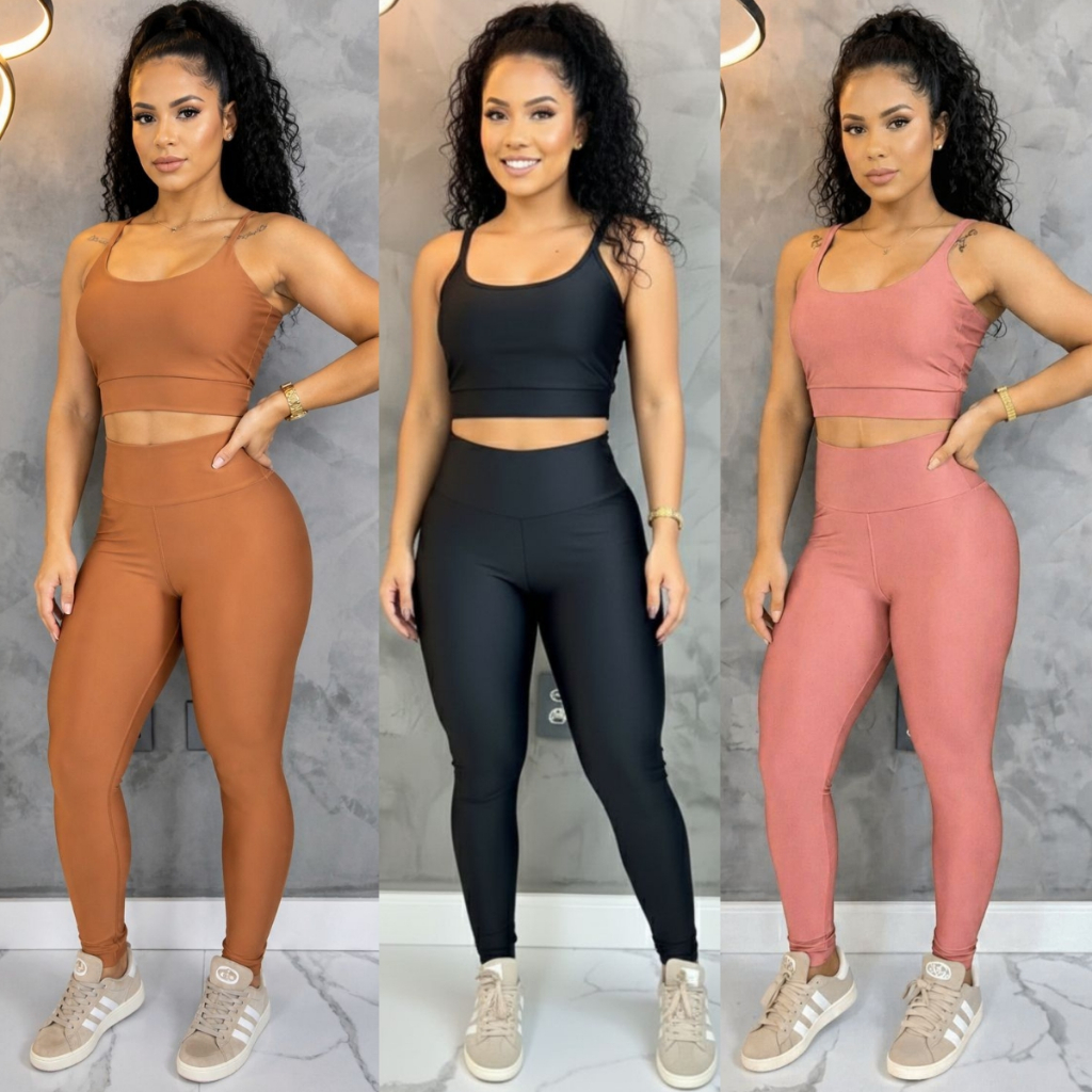 Conjunto Top e Calça Fitness Feminino Com Bojo Removível Legging Suplex Cós Alto Zero Transparência