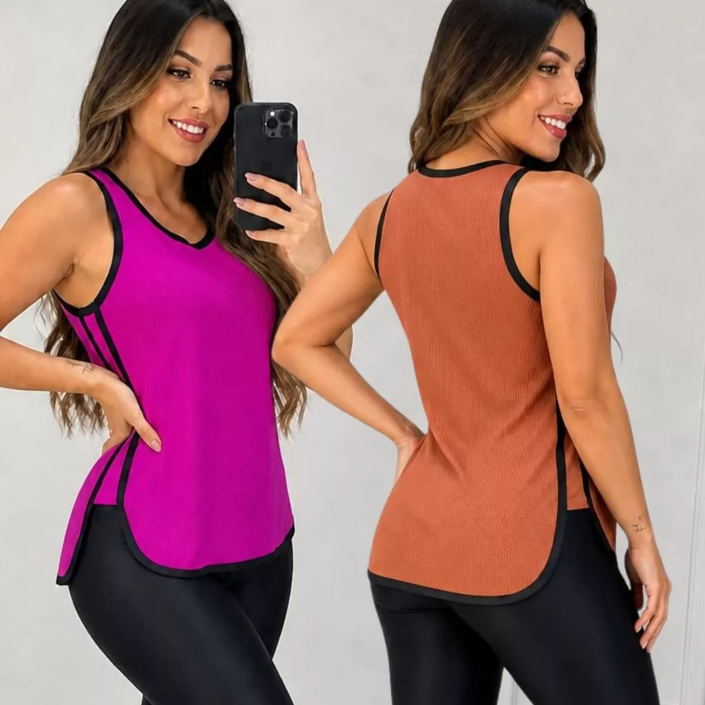 Blusa Academia feminina Regata Viés ) Veste Legging Camisão Tapa Bumbum Camiseta Tule Roupas de Academia Dry Fit Treino — imagem 1
