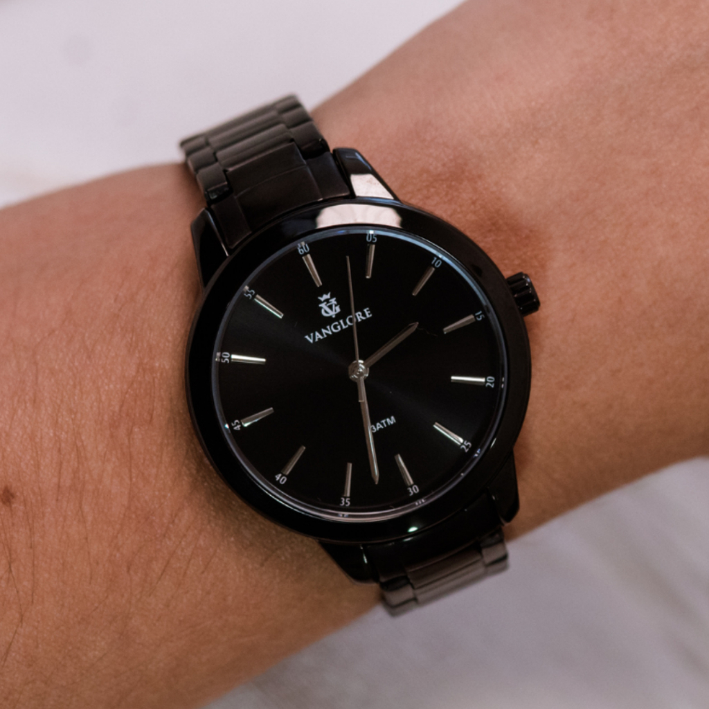 Relógio Feminino Preto All Black Slim 36mm Pulseira Aço Inox Vanglore Essence