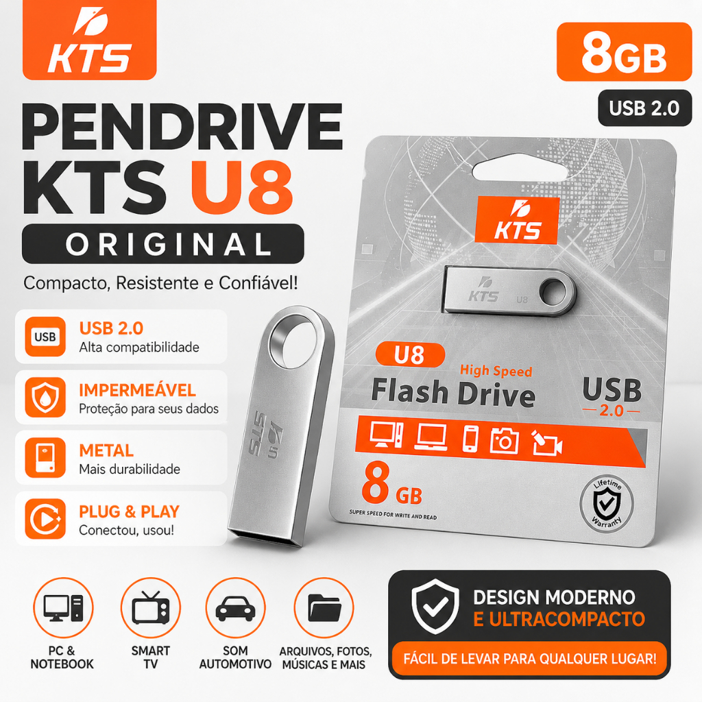 Pen drive KTS U8 8GB Original USB 2.0 Metal Impermeável para PC TV Som Automotivo
