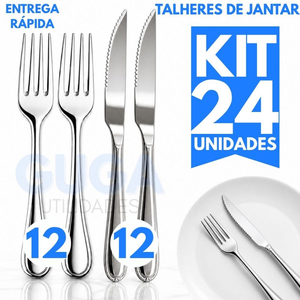 Jogo de 24 Talhares Inox em 12/24/36/48/72  Peças Faqueiro com os Talheres Garfo E Faca C/ Ponta