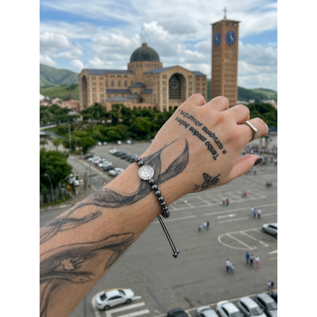 (PRONTA ENTREGA) Pulseira de Hematita Nossa Senhora Aparecida Ajustável Proteção e Fé