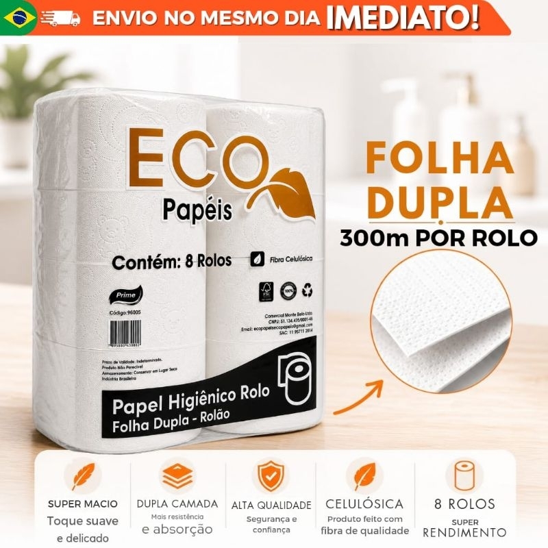 Papel Higiênico Rolão Grande 8 Rolos 300m Folha Dupla Macio e Resistente