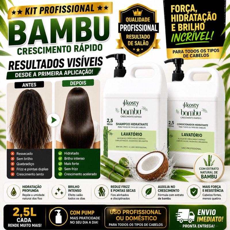 Kit Bambu Crescimento Rápido 2,5L Kosty Profissional (Shampoo + Condicionador) | Força, Hidratação e Brilho