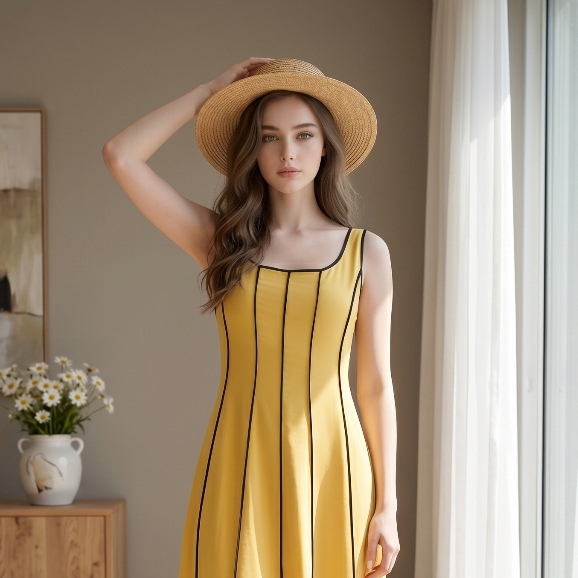 Vestido 7076 festa longo com bolso e elastico detalhe de faixa listrada em giz tecido marrant