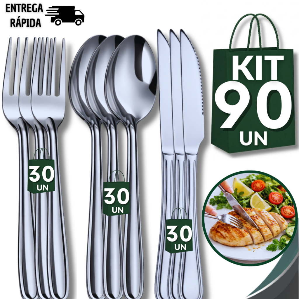 Conjunto 90  Talheres Inox 30 Faca 30 Garfo 30 Colher Cozinha Restaurante Buffet Casa Resistência Qualidade Utilidades