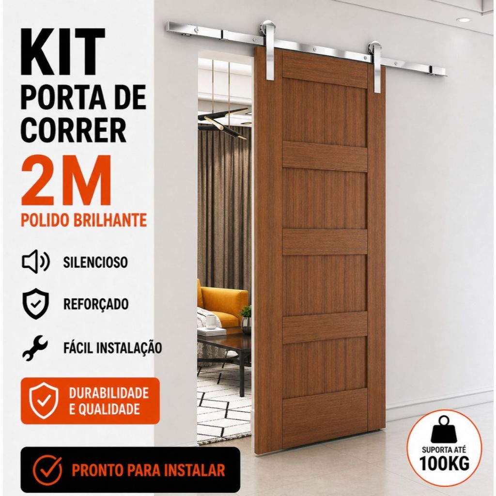 Kit Porta de Correr 2M Polido Brilhante Cromado Trilho Roldana Aparente Alumínio Completo Reforçado