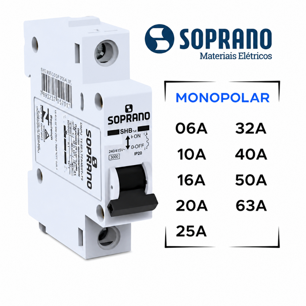 Disjuntor Monopolar 1 Polo 6A 10A 16A 20A 25A 32A 40A 50A 63A Curva C SOPRANO