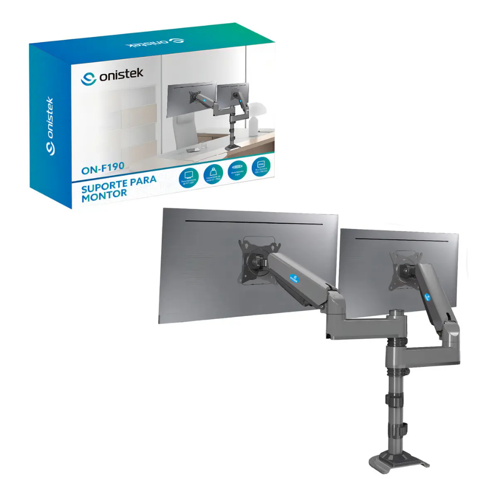 Suporte Duplo para Monitor onistek 2-9kg 17-27" Pistão a Gás VESA 75/100 para Home Office